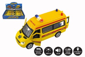 Auto ambulancie kov / plast 15cm na batrie so svetlom so zvukom na sptn natiahnutie 6ks v boxe