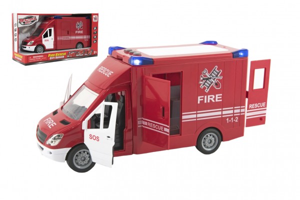 Teddies Auto hasiči plast 28cm na setrvačník na baterie se zvukem se světlem v krabici 32x18x12cm