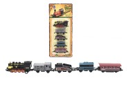 Vlak/lokomotíva a vagóny 5ks kov/plast 8cm na spätné natiahnutie 4 druhy na karte
