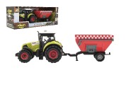 Traktor s vlekom plast 28cm na zotrvačník na batérie so zvukom sa svetlom v krabici 34x12,5x10,5cm