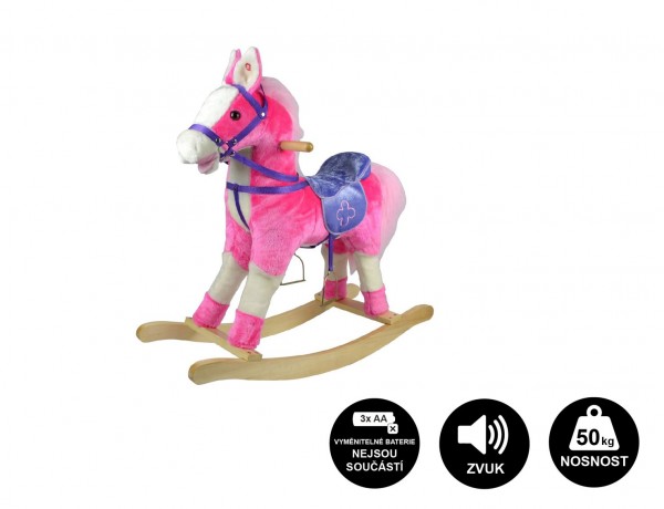Teddies Kůň houpací růžový plyš na baterie 71cm se zvukem a pohybem nosnost 50kg v krabici 62x56x19cm