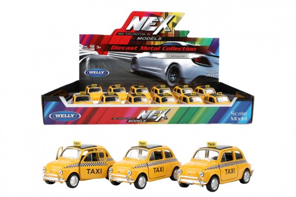 Auto Welly taxi Fiat Nuova 500 žluté kov/plast 10,5cm na zpětné natažení 12ks v boxu