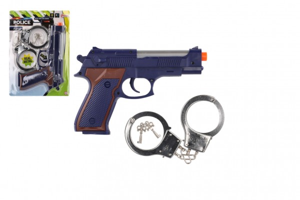 Pistole policejní plast 23cm + pouta na baterie se zvukem se světlem na kartě19x27cm