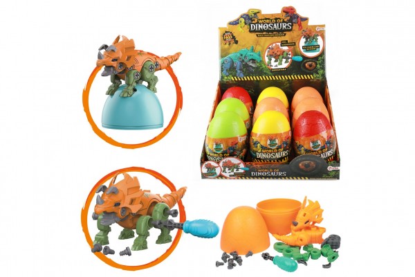 Vejce s překvapením stavebnice šroubovací dinosaur plast 10x15cm 4 barvy 9ks v boxu
