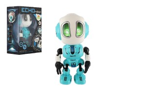 Robot ECHO opakujce vety kovov 12cm modr na batrie so zvukom so svetlom v krabike 10,5x15x5,5cm