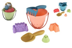 Sada na piesok plast vedro, lopatka, hrabliky, 3 formiky 3 farby v sieke