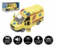 Auto ambulancie plast 20cm na zotrvank na batrie so zvukom sa svetlom v krabici 26x15x12cm