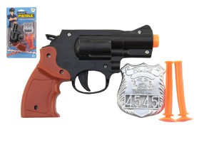 Pistole policejn 15cm plast s odznakem + psavky 2ks na kart
