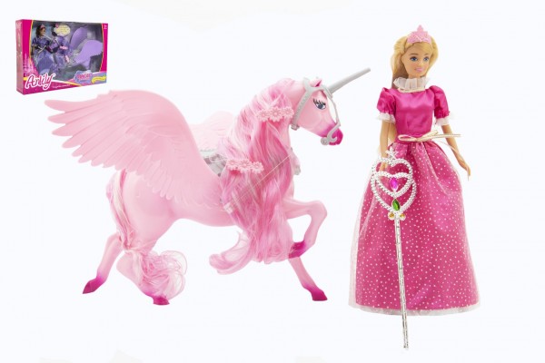 Panenka Anlily princezna kloubová 30cm plast s jednorožcem 40cm s hůlkou 2 barvy v krabici 48x33x9cm