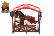 Kôň sa sedlom s žriebätkom flíska plast s ohradou s doplnkami v krabici 23x20x15cm