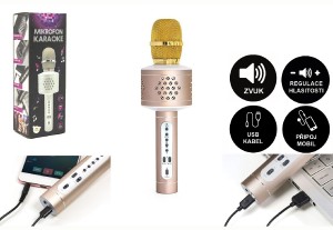 Mikrofon karaoke Bluetooth zlat na baterie s USB kabelem v krabici 10x28x8,5cm