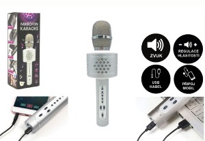 Mikrofon karaoke Bluetooth stbrn na baterie s USB kabelem v krabici 10x28x8,5cm