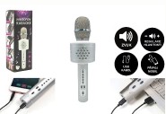 Mikrofón karaoke Bluetooth strieborný na batérie s USB káblom v krabici 10x28x8,5cm