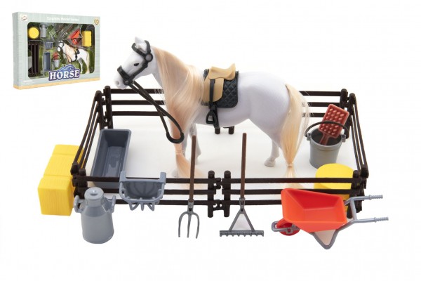 Kůň česací bílý plast s doplňky a ohradou v krabici 34x25x5cm