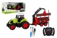 Traktor RC s vlekom na drevo plast 38cm 27MHz + dobíjací pack na batérie v krabici 45x18x13cm