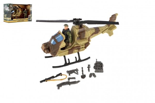 Vrtulník/helikoptéra vojenský s vojákem plast s doplňky v krabici 27x18x11,5cm