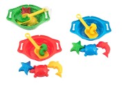 Sada na psek - stko 26x21cm, lopatka, 4 bbovky plast 3 barvy v sce 12m+