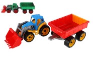 Traktor / nakladač / bager s vlekom s lyžicou plast na voľný chod 2 farby v sieťke 16x61x16cm