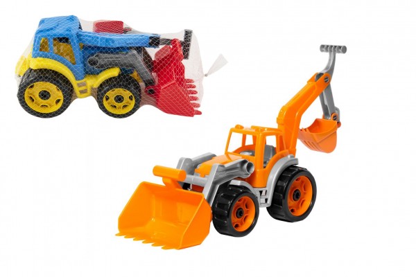 Traktor/nakladač/bagr se 2 lžícemi plast na volný chod 2 barvy v síťce 16x35x16cm