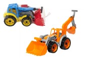 Traktor / nakladač / bager sa 2 lyžicami plast na voľný chod 2 farby v sieťke 16x35x16cm