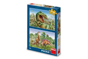 Puzzle 2v1 Sboj dinosaurov 2x48 dielikov 26x18cm v krabici 19x27,5x4cm
