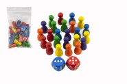 Figurky dřevo 25mm 24ks 6 barev+ 2 kostky společenská hra v sáčku 7x13cm