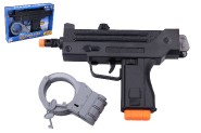 Pištoľ/Samopal policajný s putami plast 24cm na batérie so zvukom so svetlom v krabici 26x18x5cm
