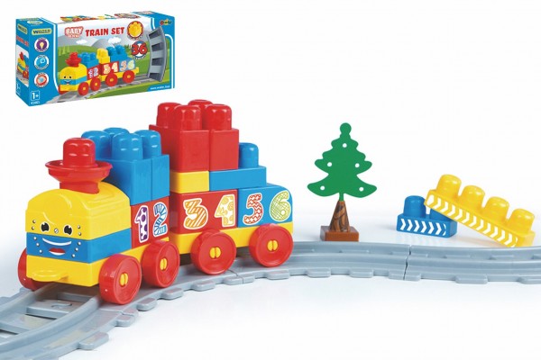 Baby Blocks vlak s kolejemi a stavebnicí plast délka dráhy 1,45m s doplňky v krabici 42x21x8cm 12m+