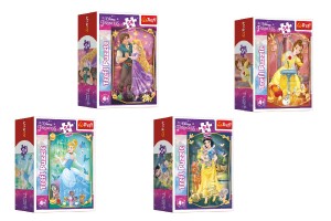 Minipuzzle Krsne princezn/Disney Princess 54dielikov 4 druhy v krabike 6x9x4cm 40ks v boxe