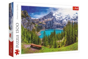 Puzzle Jezero Oeschinen Alpy, vcarsko 1500 dlk 85x58cm v krabici 40x26x6cm