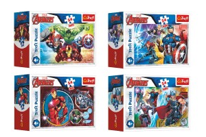 Minipuzzle 54 dielikov Avengers / Hrdinovia 4 druhy v krabike 9x6,5x4cm 40ks v boxe