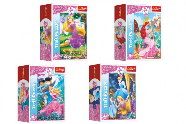 Trefl Minipuzzle 54 dílků Dobrodružný svět princezen 4 druhy v krabičce 9x6,5x4cm 40ks v boxu